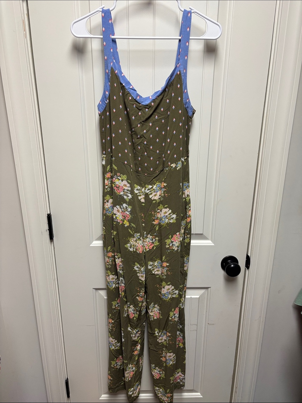 Matilda Jane Olive Green Floral Jumpsuit with Blue Trim